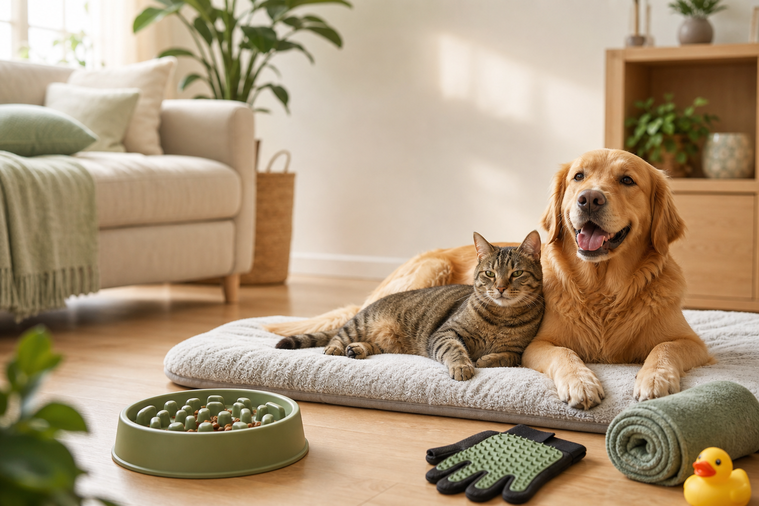 Happy dog and cat relaxing with PawNest comfort accessories