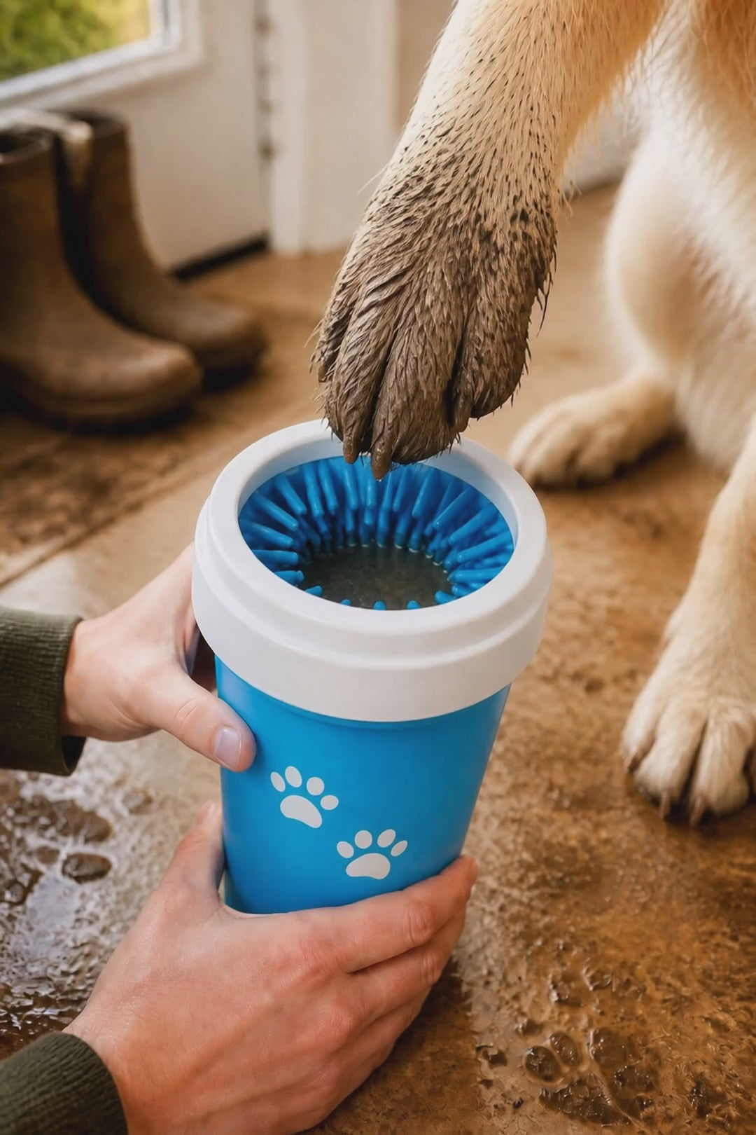 Demo: muddy paw goes in, cup spins, clean paw comes out